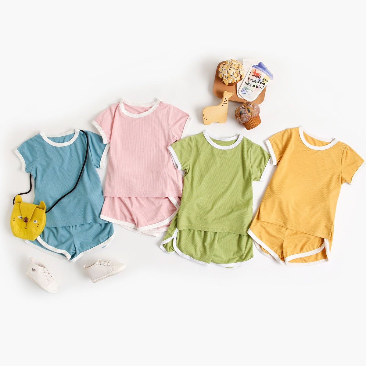 Baby Solid Color Neck Matching Sports Set in vibrant colors, featuring a stylish neck design, perfect for summer play.