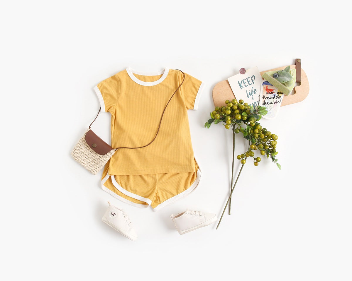Baby Solid Color Neck Matching Sports Set in vibrant colors, featuring a stylish neck design, perfect for summer play.