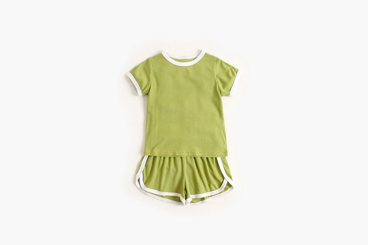 Baby Solid Color Neck Matching Sports Set in vibrant colors, featuring a stylish neck design, perfect for summer play.
