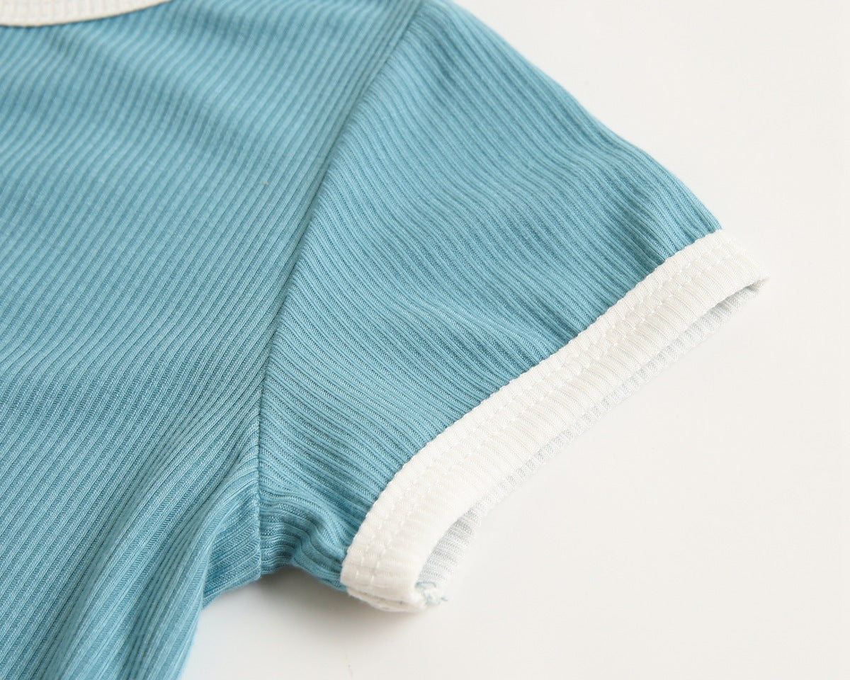 Baby Solid Color Neck Matching Sports Set in vibrant colors, featuring a stylish neck design, perfect for summer play.