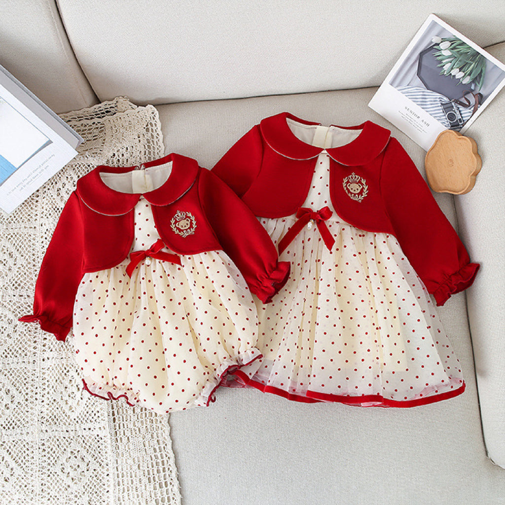 Baby Sweet Style Polka Dot Pattern Dress and Onesies in red and beige colors, featuring playful polka dots and patchwork design.