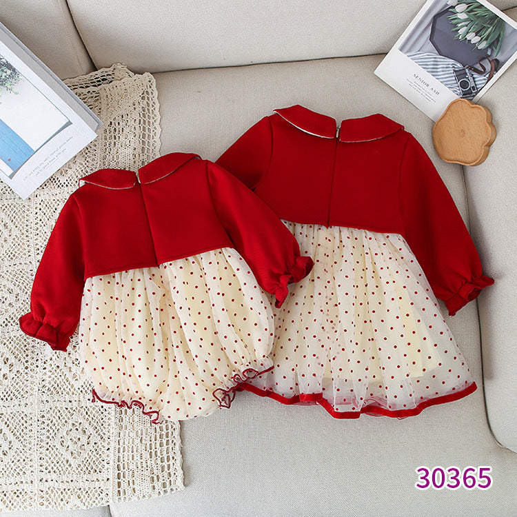 Baby Sweet Style Polka Dot Pattern Dress and Onesies in red and beige colors, featuring playful polka dots and patchwork design.