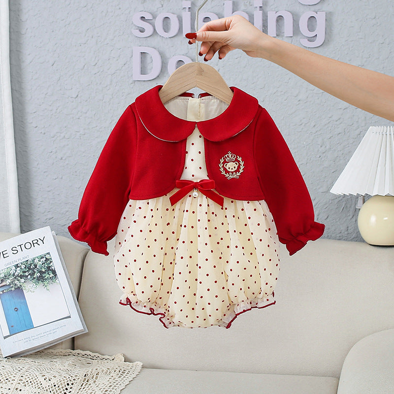 Baby Sweet Style Polka Dot Pattern Dress and Onesies in red and beige colors, featuring playful polka dots and patchwork design.