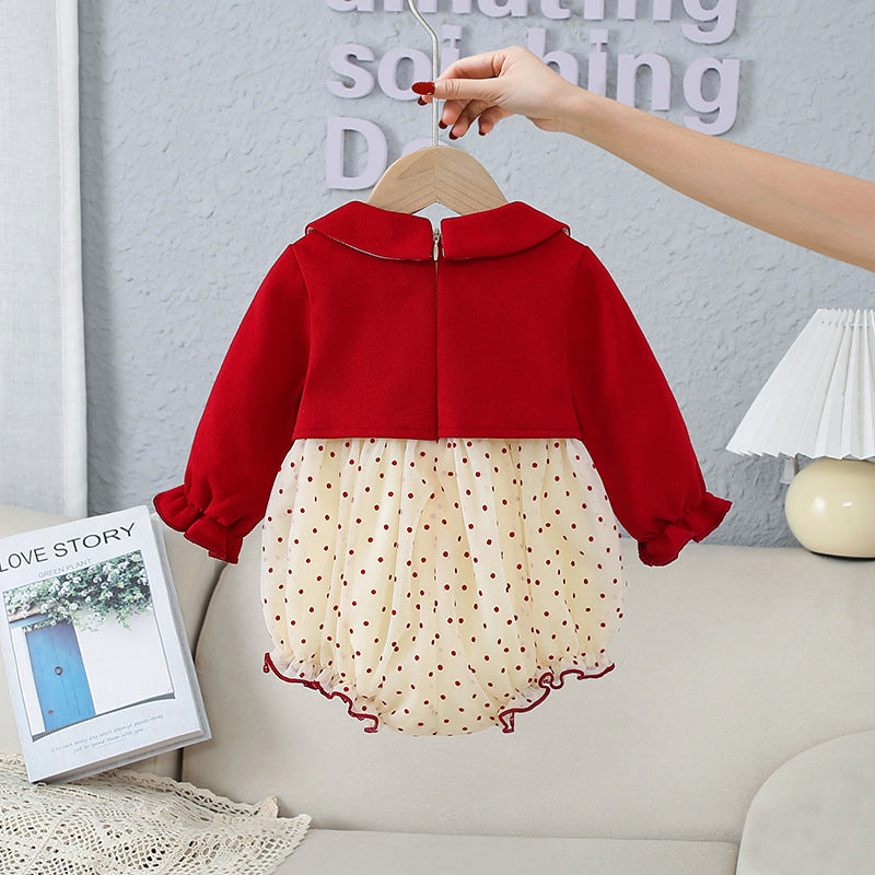 Baby Sweet Style Polka Dot Pattern Dress and Onesies in red and beige colors, featuring playful polka dots and patchwork design.