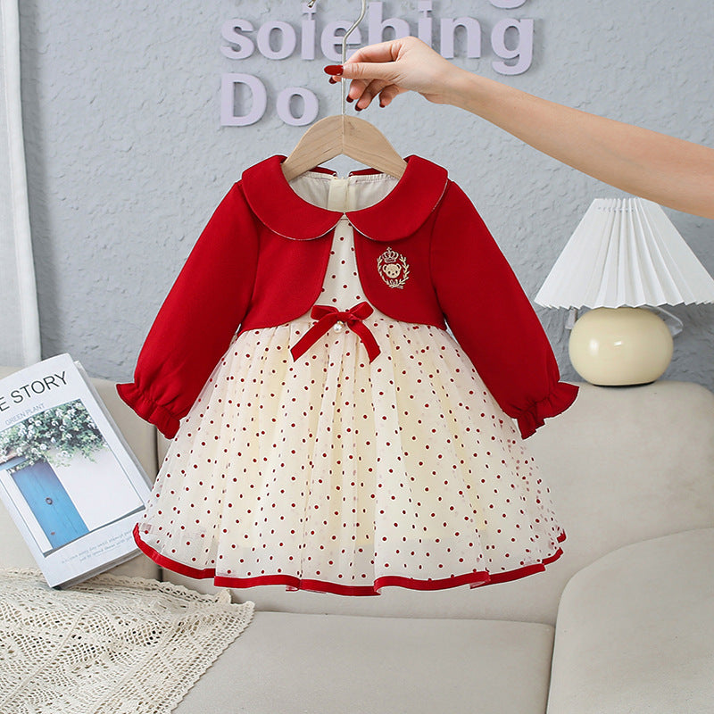 Baby Sweet Style Polka Dot Pattern Dress and Onesies in red and beige colors, featuring playful polka dots and patchwork design.