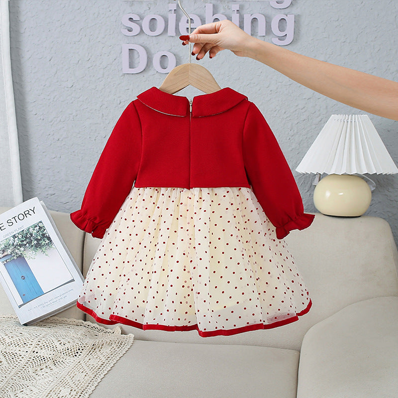 Baby Sweet Style Polka Dot Pattern Dress and Onesies in red and beige colors, featuring playful polka dots and patchwork design.