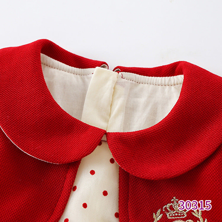 Baby Sweet Style Polka Dot Pattern Dress and Onesies in red and beige colors, featuring playful polka dots and patchwork design.