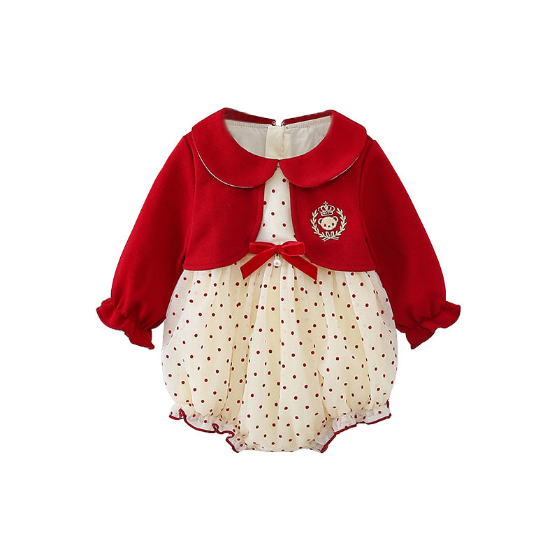 Baby Sweet Style Polka Dot Pattern Dress and Onesies in red and beige colors, featuring playful polka dots and patchwork design.