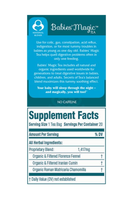A pack of Babies' Magic & Sleep Tea, USDA Organic, designed for soothing babies' digestive issues and promoting better sleep.