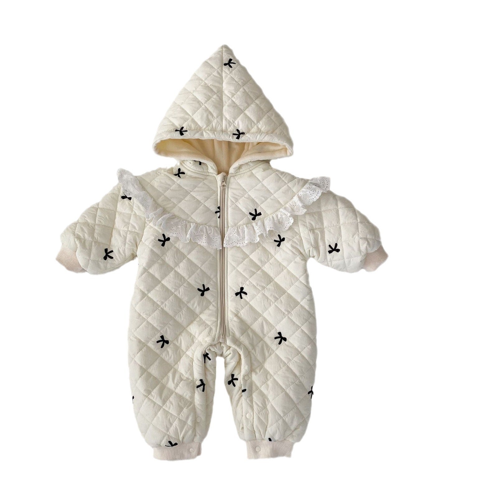 Baby toddler girl wearing a beige long sleeve outfit with bowknot design, perfect for winter.