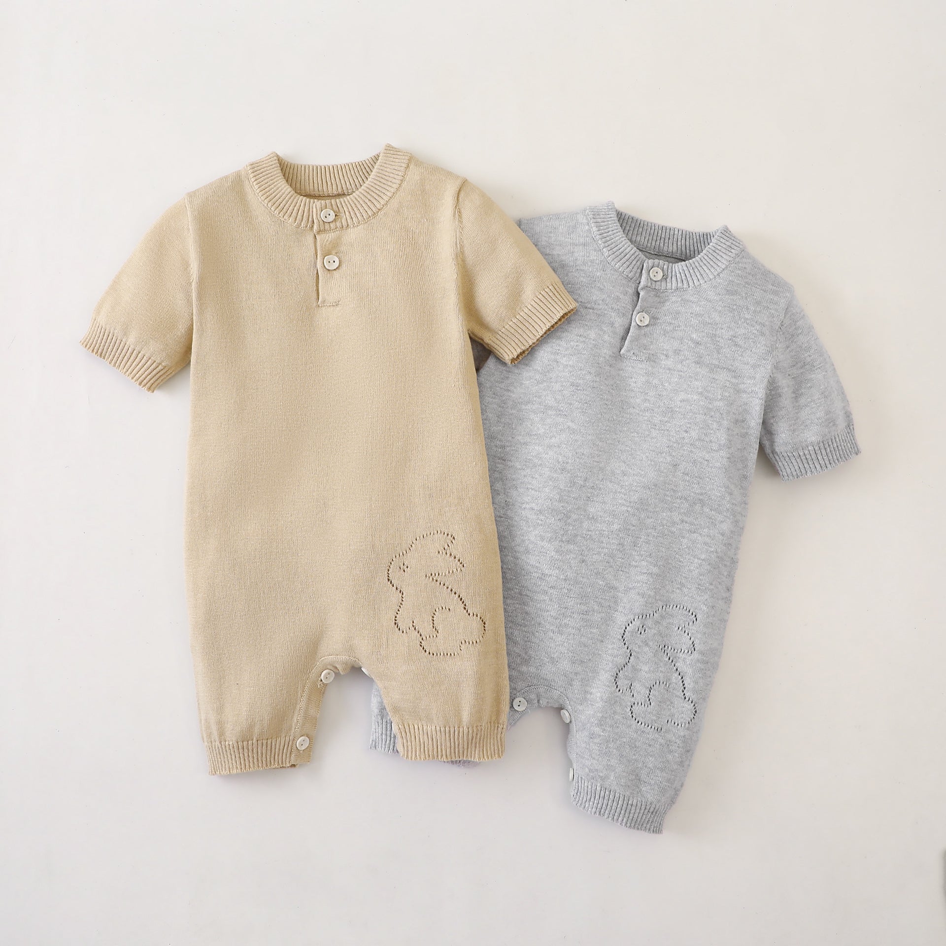 Baby unisex cotton knitting romper with hollow-out rabbit design in grey and khaki colors, perfect for summer wear.