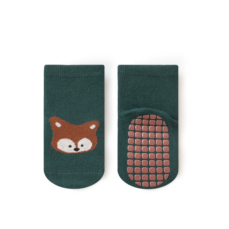 A pair of baby unisex cartoon socks in various colors, featuring a non-slip design and breathable fabric, perfect for infants and toddlers.