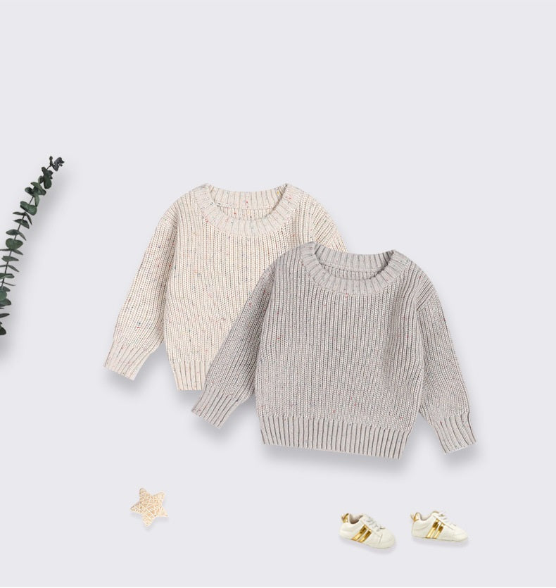 Baby unisex colorful dots crew neck long sleeve pullover sweater in grey and beige, showcasing a playful design perfect for kids.