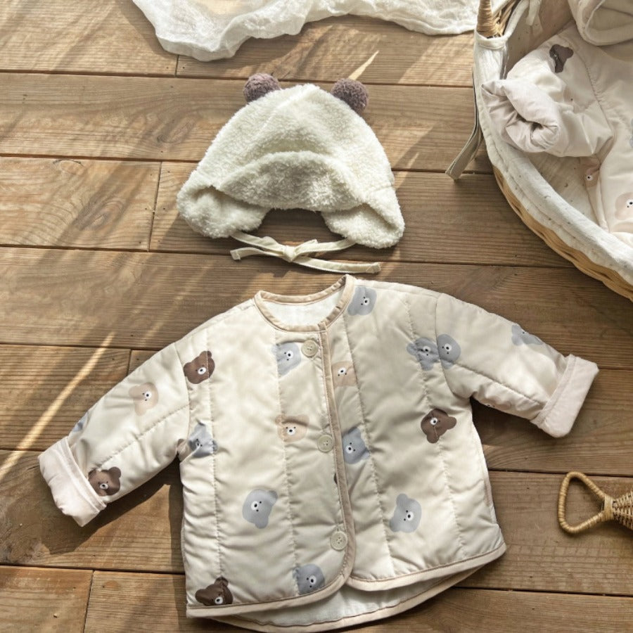 Baby unisex cardigan coat featuring a cute bear head design in beige, perfect for autumn and winter wear.