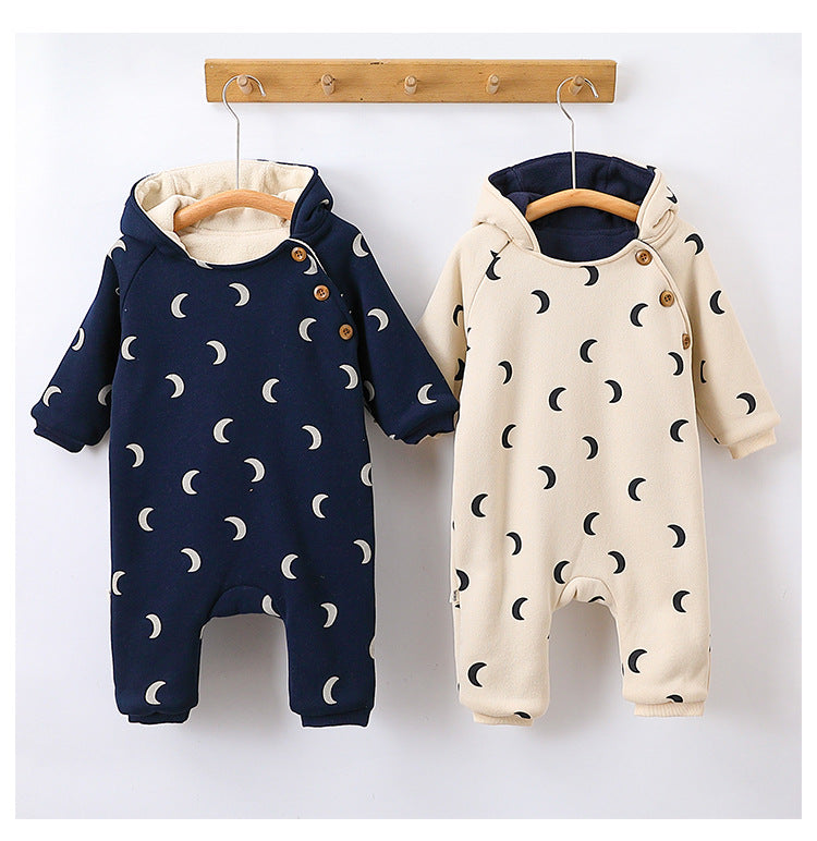 Baby unisex moon print cotton padded thickened winter hoodie romper in navy blue and apricot colors, designed for comfort and warmth.