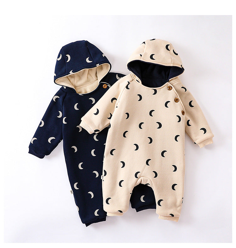 Baby unisex moon print cotton padded thickened winter hoodie romper in navy blue and apricot colors, designed for comfort and warmth.