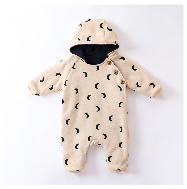 Baby unisex moon print cotton padded thickened winter hoodie romper in navy blue and apricot colors, designed for comfort and warmth.