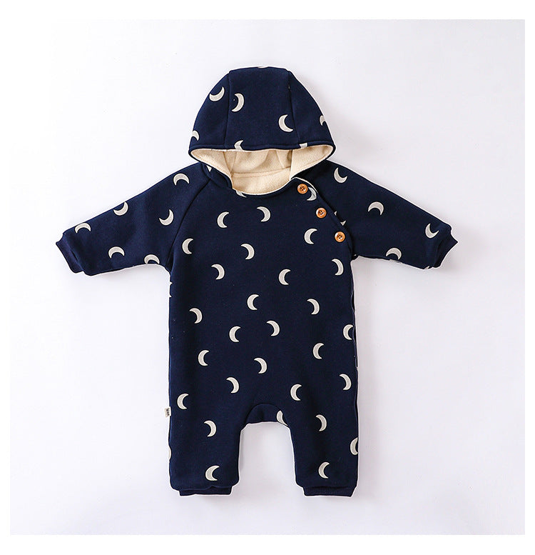 Baby unisex moon print cotton padded thickened winter hoodie romper in navy blue and apricot colors, designed for comfort and warmth.