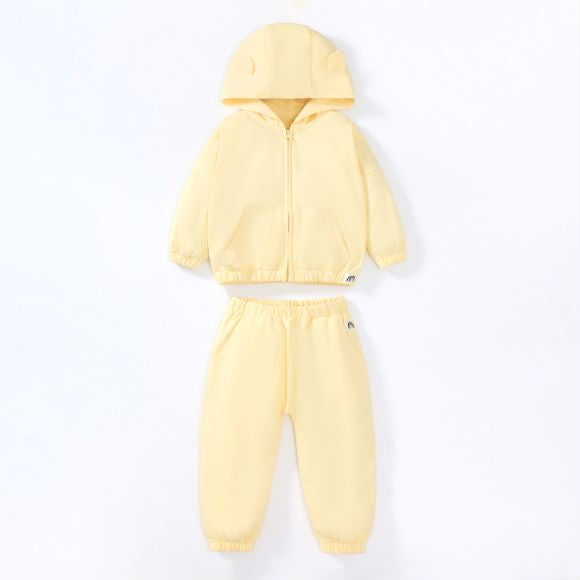 Baby unisex solid color cardigan set in apricot with cartoon shape design, made from soft cotton material.