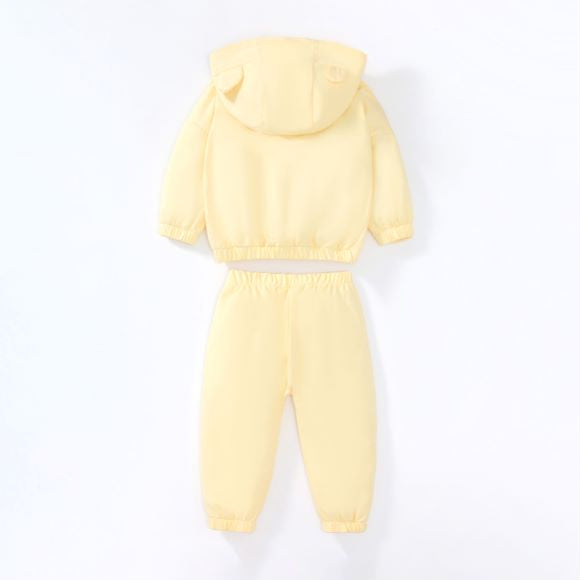 Baby unisex solid color cardigan set in apricot with cartoon shape design, made from soft cotton material.