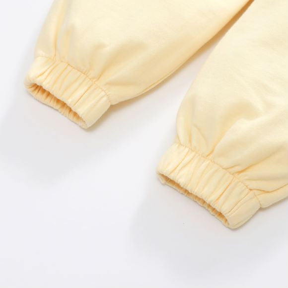 Baby unisex solid color cardigan set in apricot with cartoon shape design, made from soft cotton material.