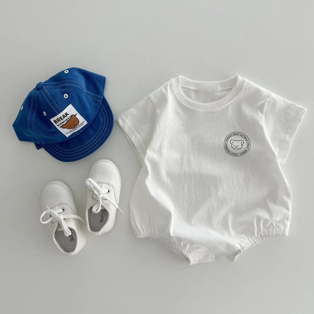 Baby unisex solid color print pattern casual onesies in white and grey, made from soft cotton, perfect for summer wear.