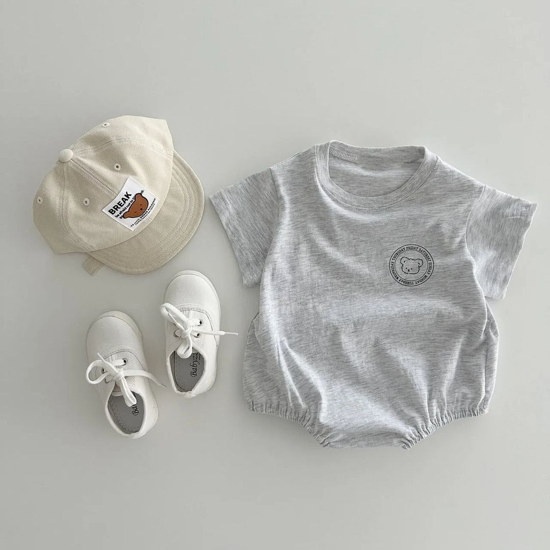 Baby unisex solid color print pattern casual onesies in white and grey, made from soft cotton, perfect for summer wear.