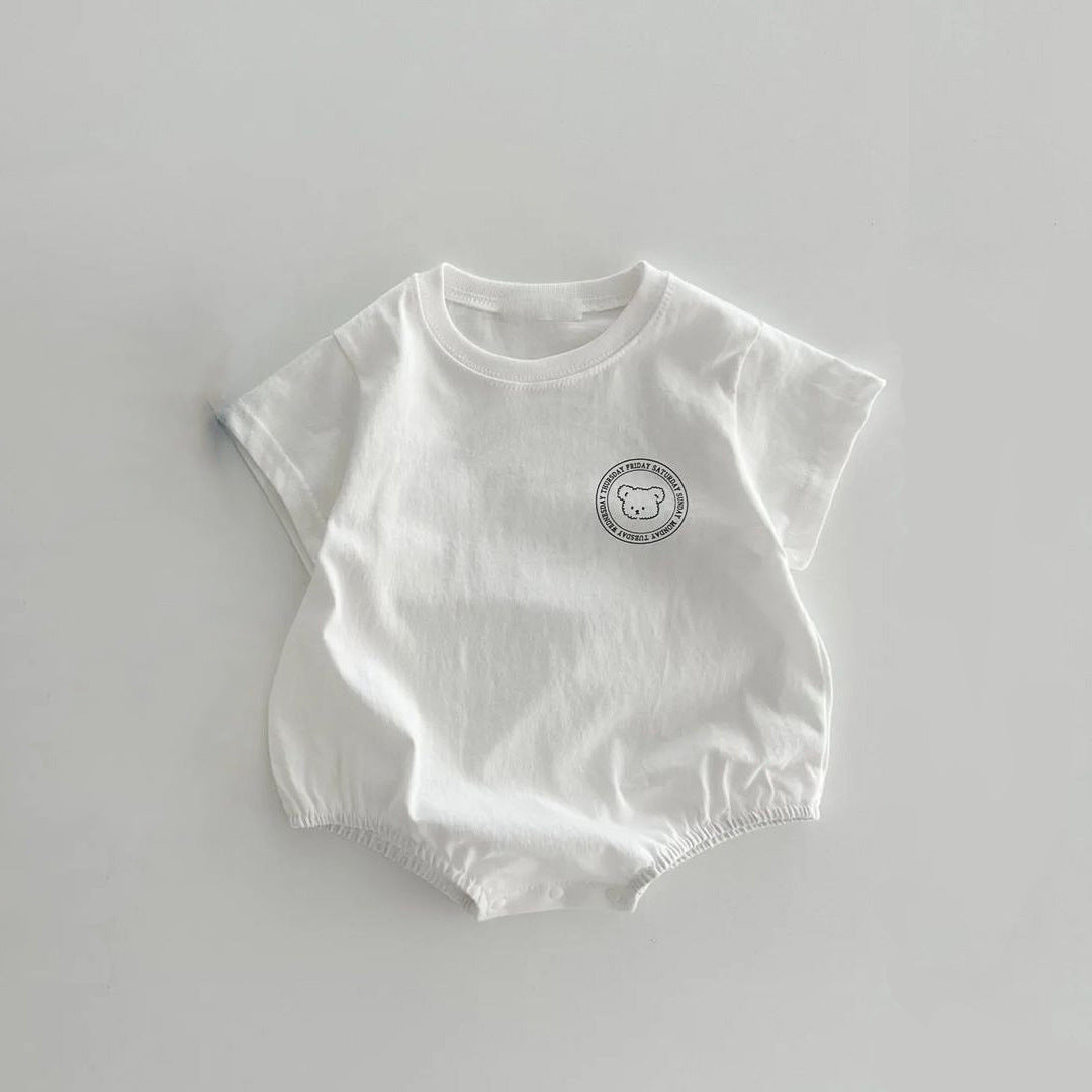 Baby unisex solid color print pattern casual onesies in white and grey, made from soft cotton, perfect for summer wear.