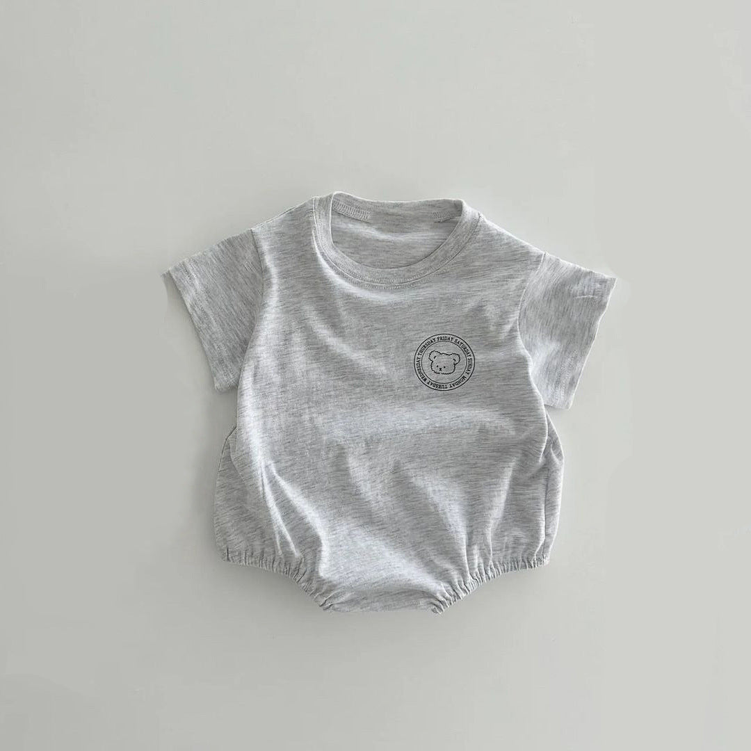 Baby unisex solid color print pattern casual onesies in white and grey, made from soft cotton, perfect for summer wear.