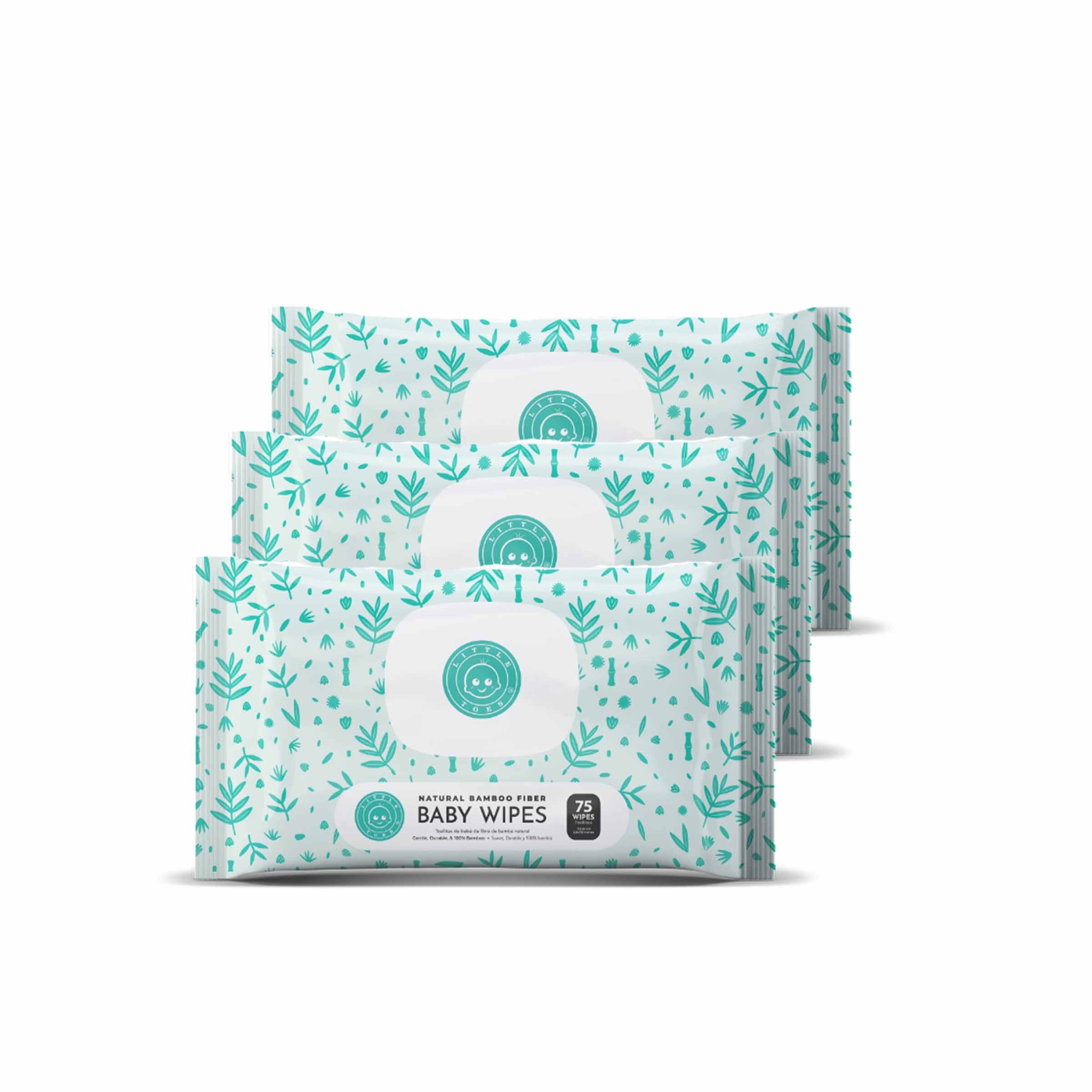 Three packs of 75 hypoallergenic Bamboo Fiber Baby Wipes, featuring soft texture and eco-friendly packaging.