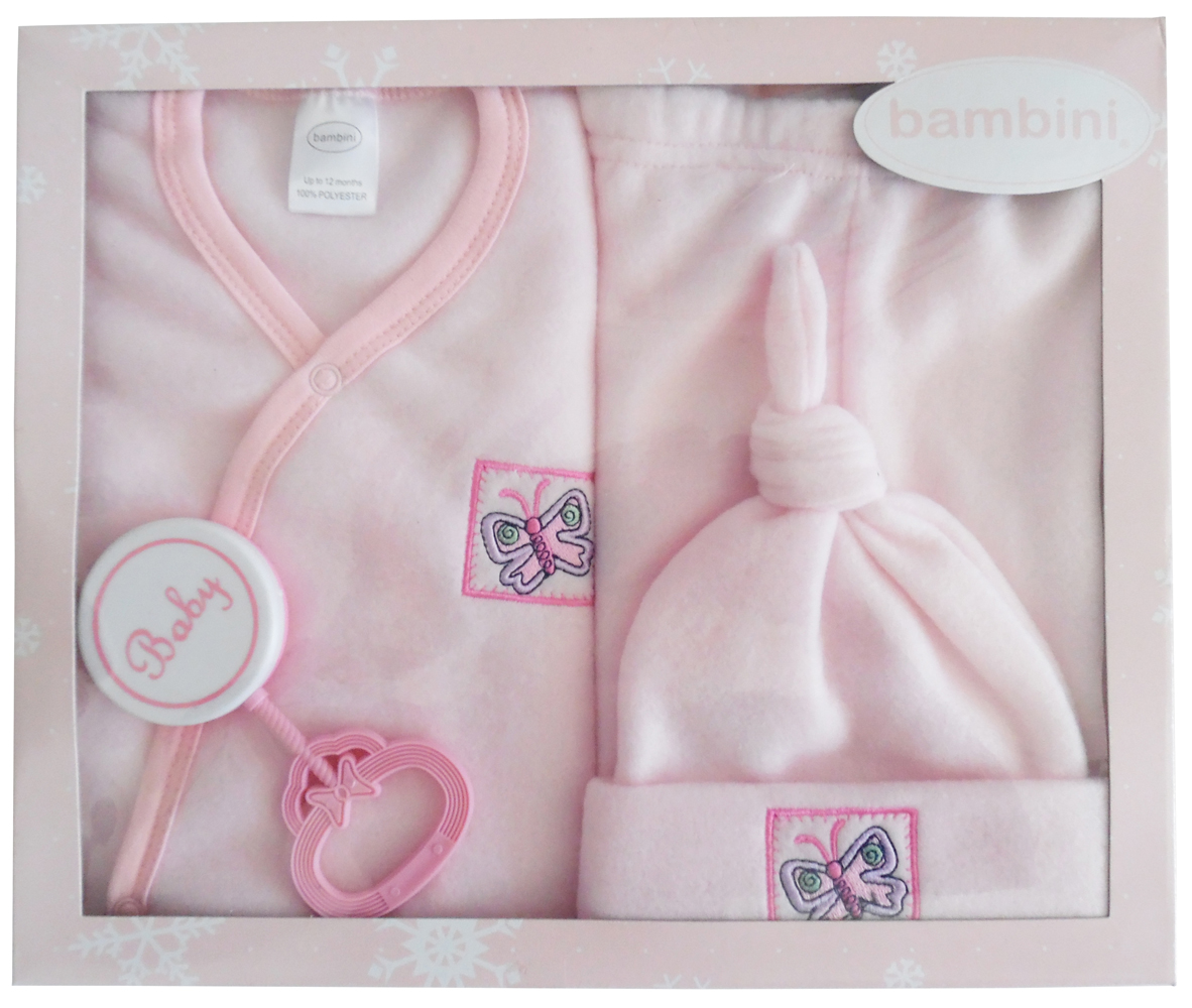 Bambini 4 Piece Fleece Set in pink, including jacket, hat, pants, and rattle, perfect for newborns.