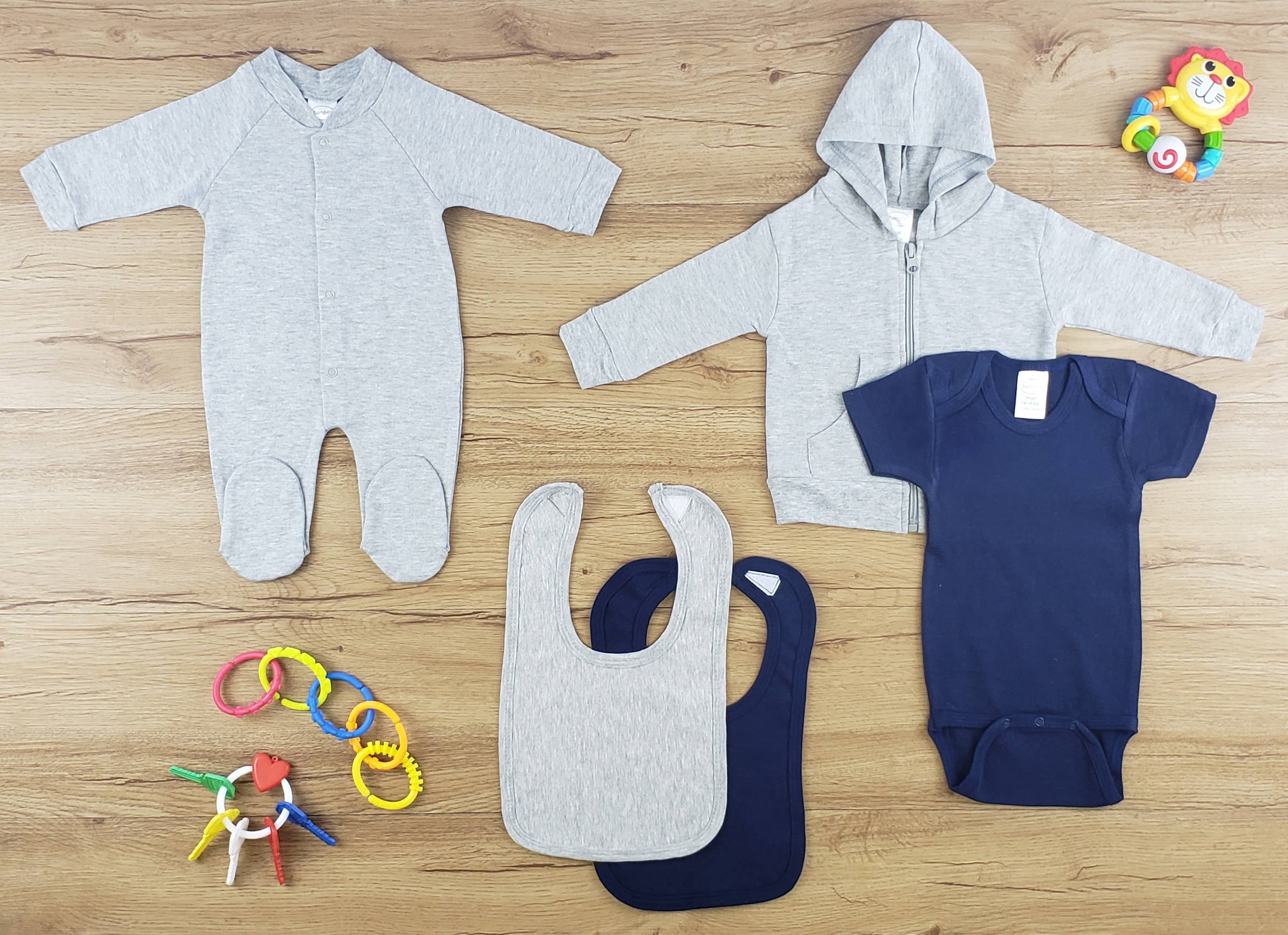 Bambini 5 Pc Layette Baby Clothes Set featuring soft cotton sleep & play, bibs, hoodie, and onesie in heather grey and navy colors.