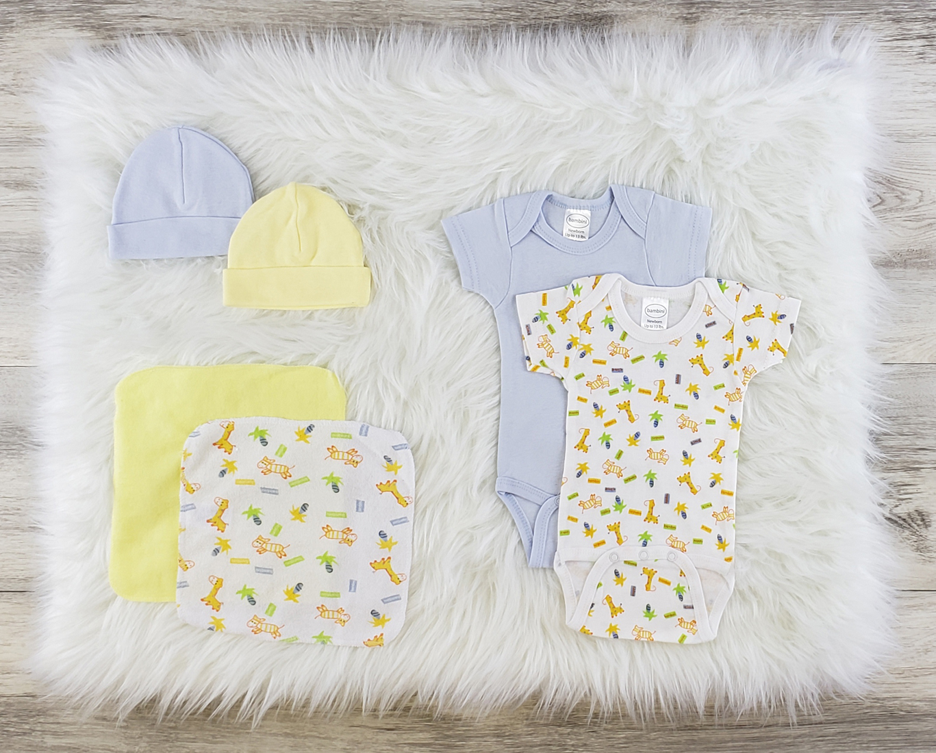 Bambini 6 Pc Layette Baby Clothes Set featuring soft cotton onesies and baby caps in blue and yellow, perfect for newborns.