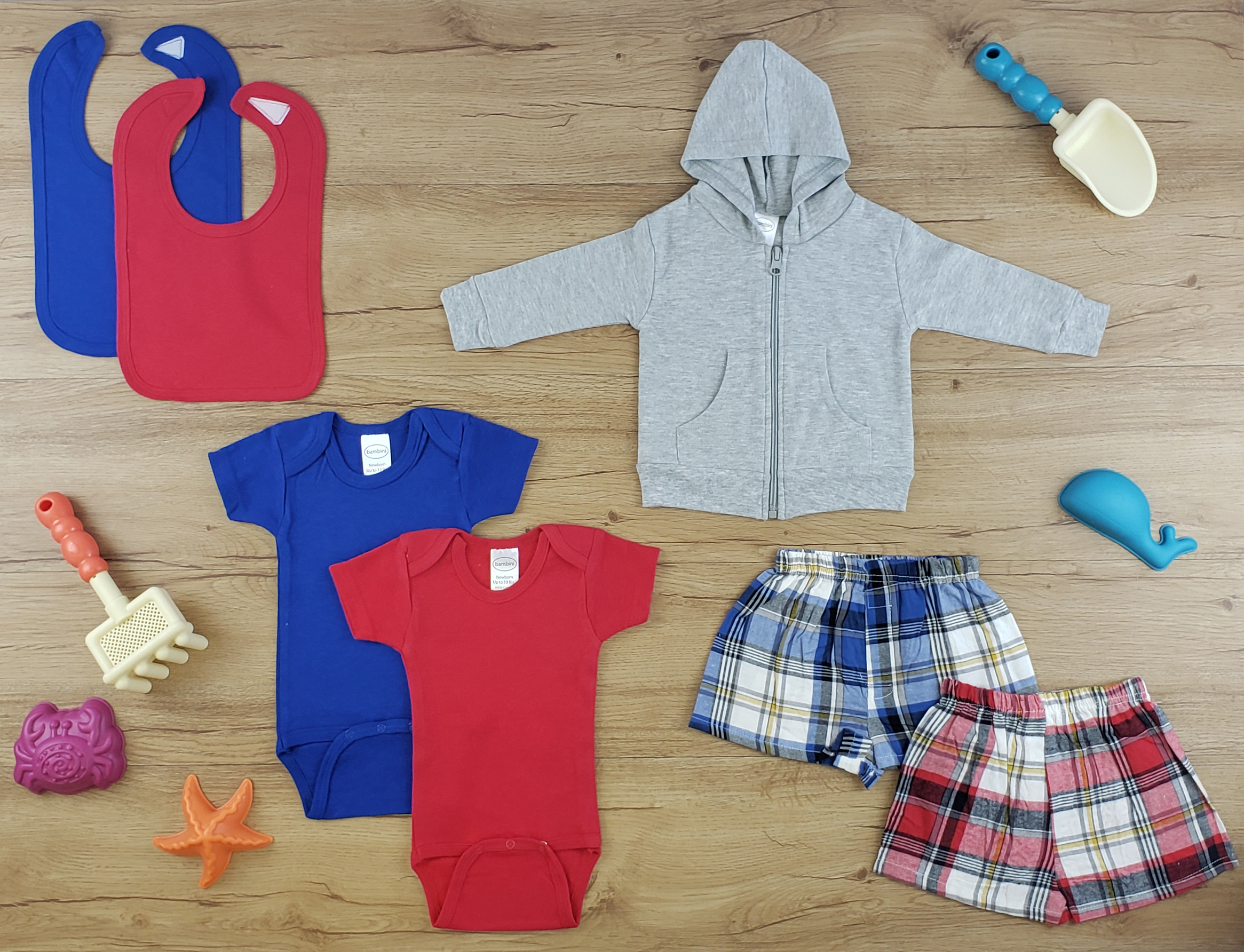 Bambini 7 Pc Layette Baby Clothes Set featuring soft cotton bibs, onesies, and a hoodie in heather grey and red colors, perfect for newborns.