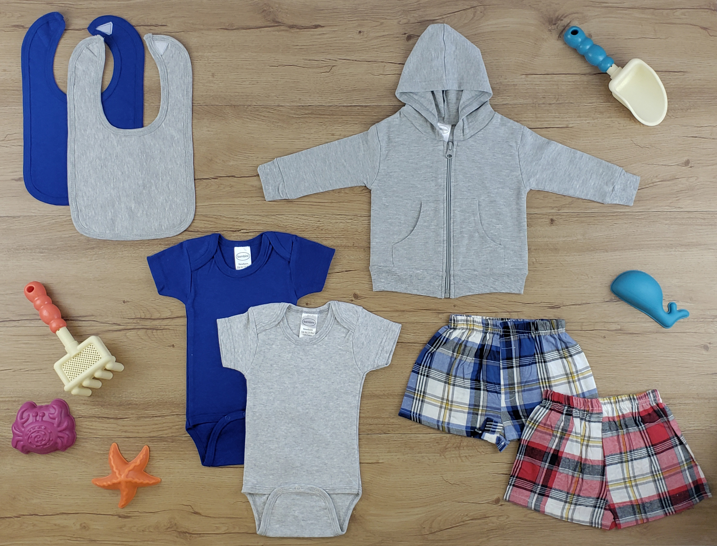 Bambini 7 Pc Layette Baby Clothes Set featuring soft cotton onesies, bibs, and a hoodie in heather grey and blue colors.