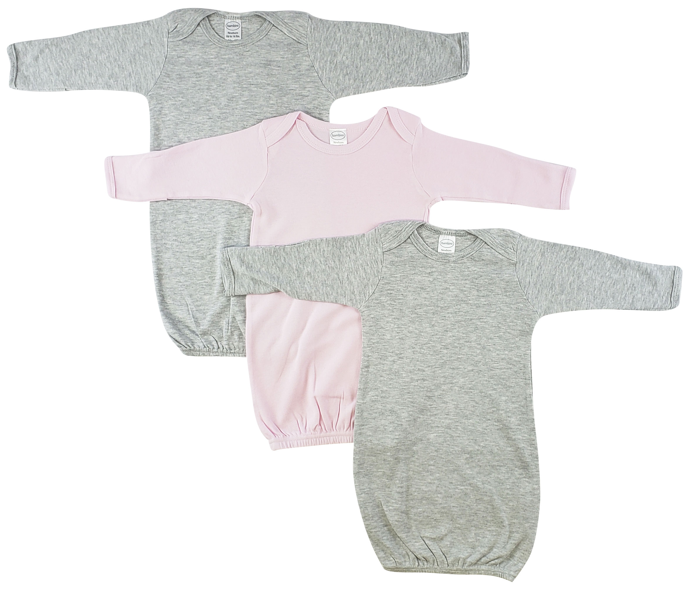 Bambini Baby Girl Shower Gift Set featuring three soft cotton infant gowns in heather grey and pink, perfect for newborns.