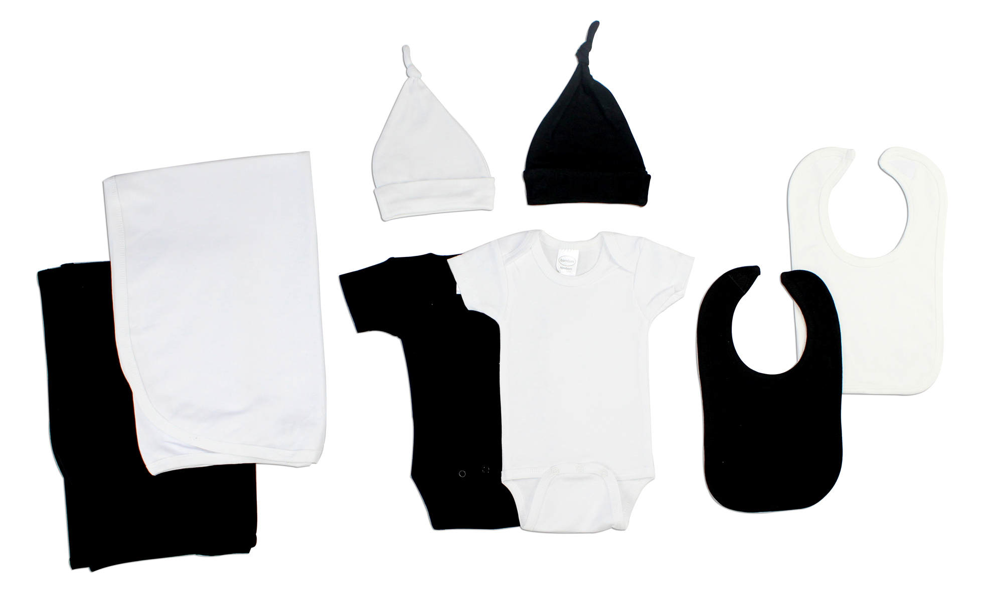 Bambini Black and White 8 Piece Layette Set including receiving blankets, onesies, bibs, and baby caps, all made from soft cotton.