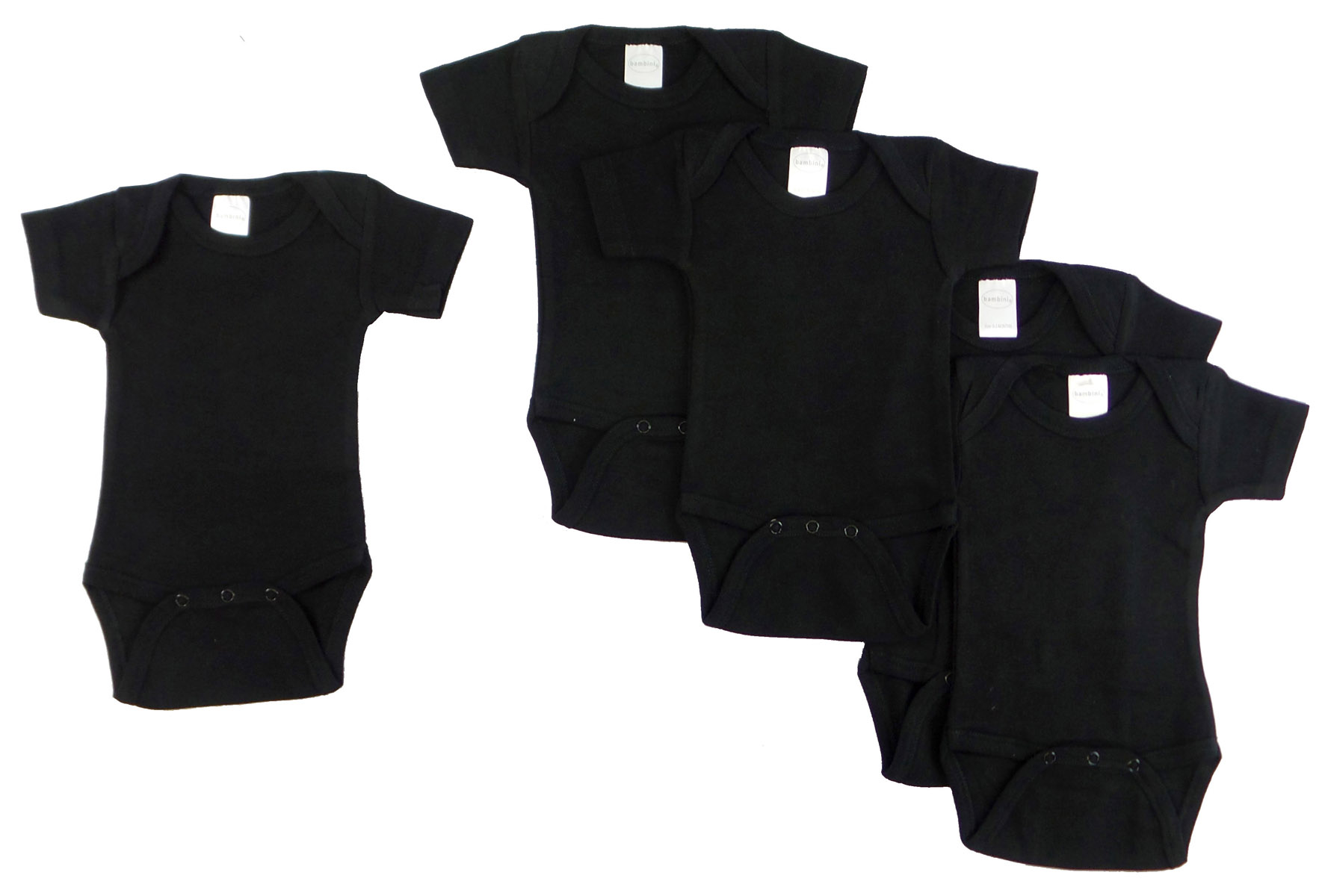 Bambini Black Onezie pack of 5, featuring short sleeves and made from 100% cotton rib knit fabric, perfect for babies.