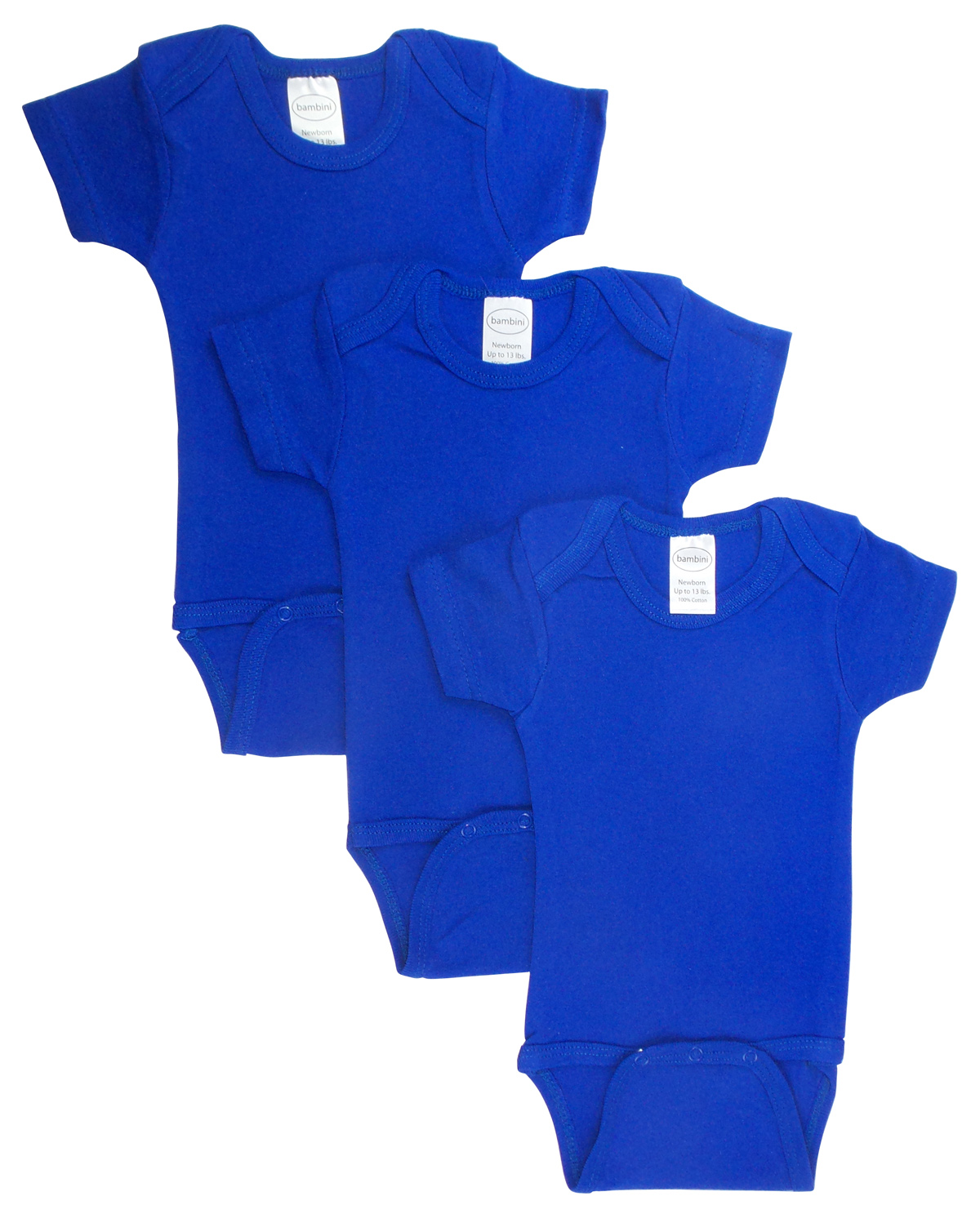 Bambini Blue Bodysuit Onezies pack of 3, featuring soft cotton fabric and expandable shoulder neckline for easy dressing.