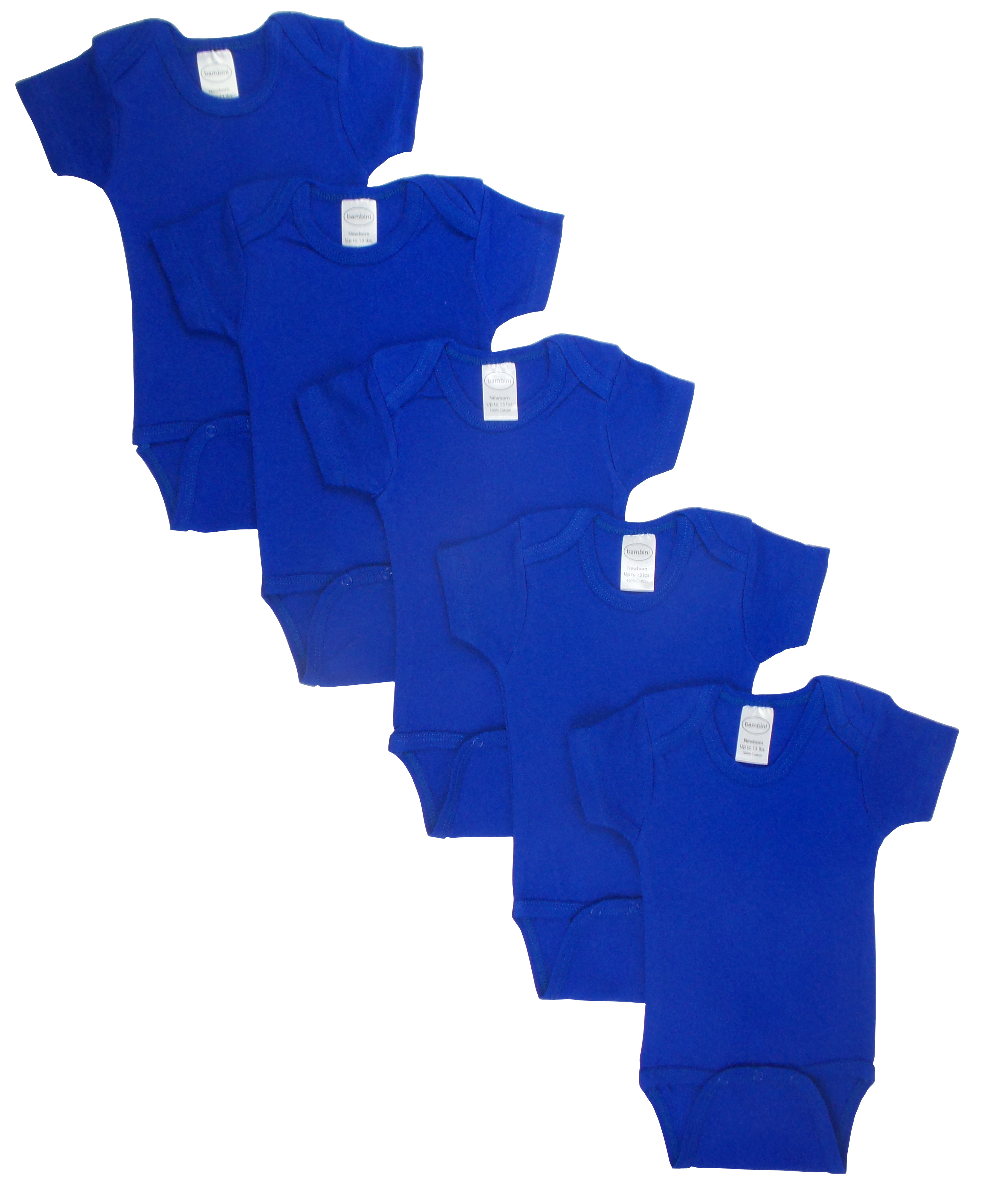 Pack of 5 Bambini Blue Bodysuit Onezies made from 100% cotton, featuring expandable shoulder neckline and bottom snap closure.