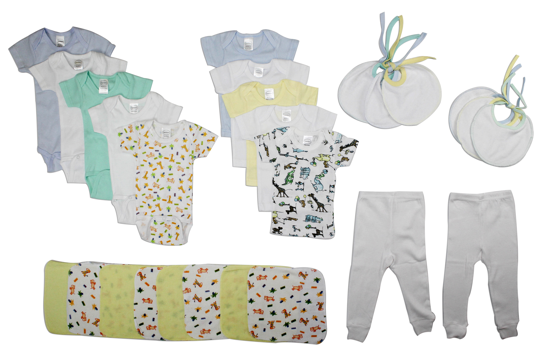 Bambini Boys' 26 Piece Layette Set featuring soft cotton onesies, t-shirts, pants, and bibs in a variety of colors and designs.