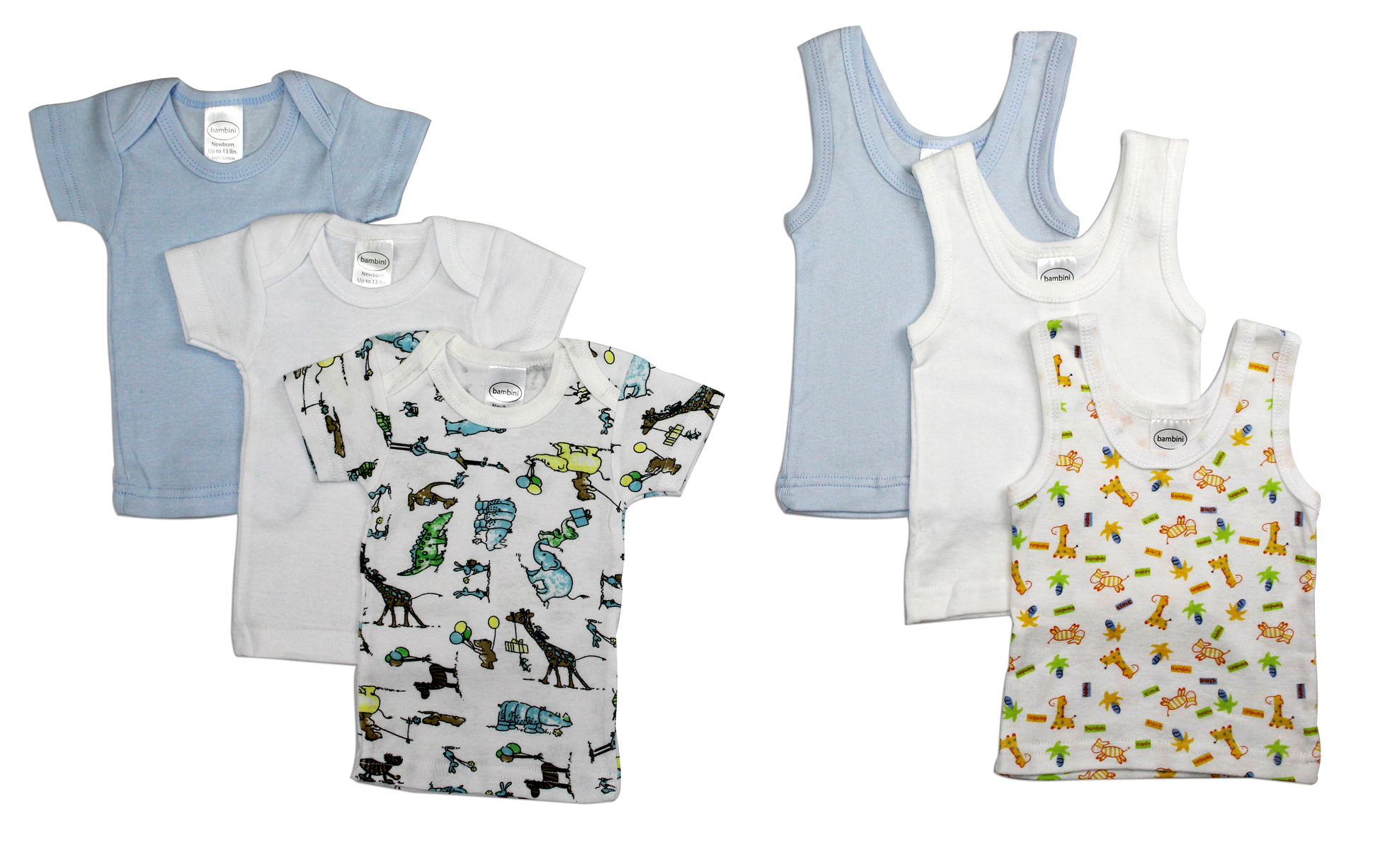 Bambini Boys' 6 Piece Layette Set featuring soft cotton t-shirts and tank tops in assorted prints, perfect for newborn comfort.