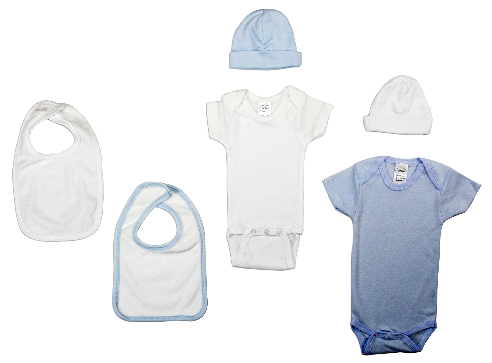 Bambini Boys' 6 Piece Layette Set featuring soft cotton bodysuits, baby caps, and terry bibs in blue and white colors.