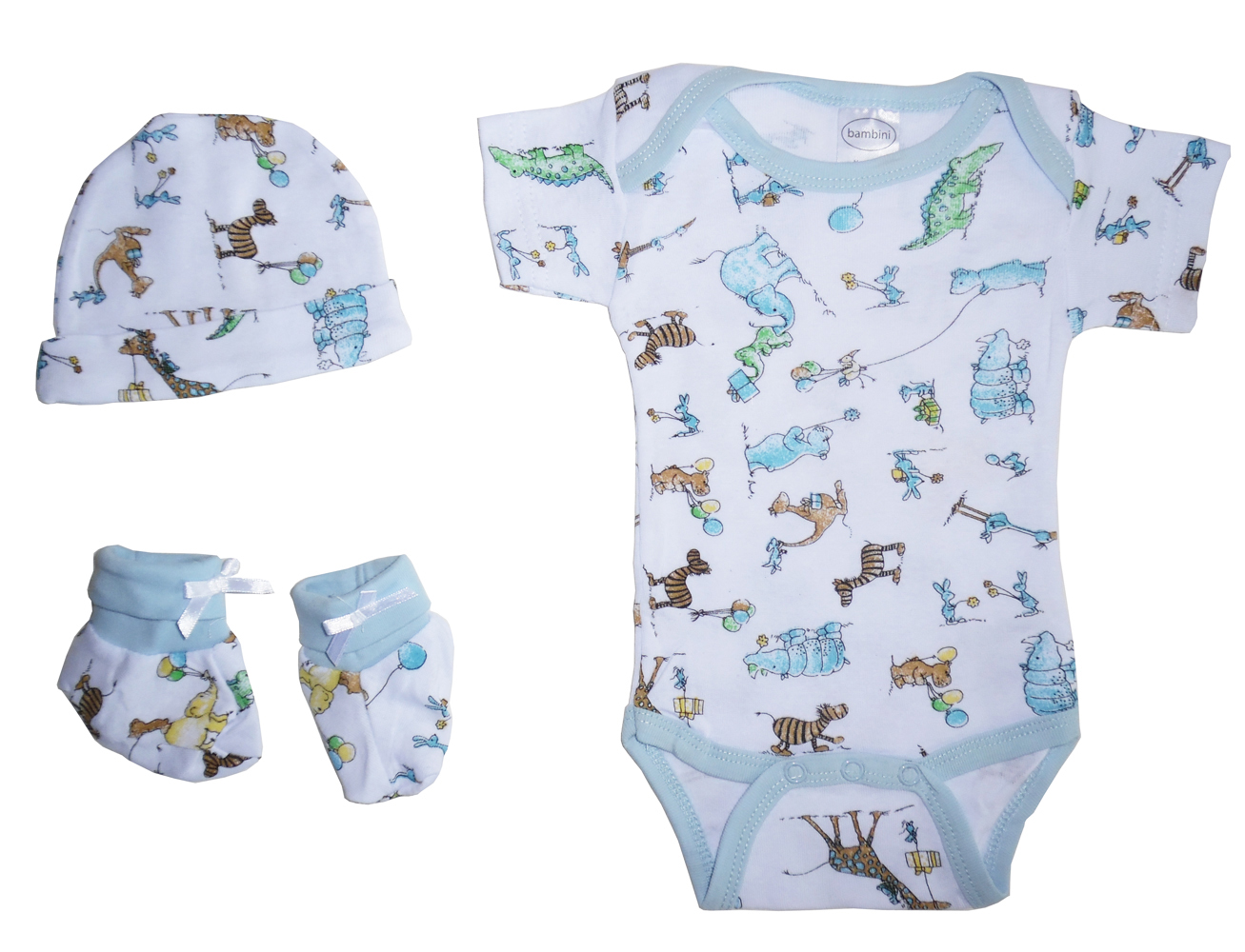 Bambini Boys Baby Gift Set featuring a blue bodysuit, hat, and booties, perfect for newborn boys.