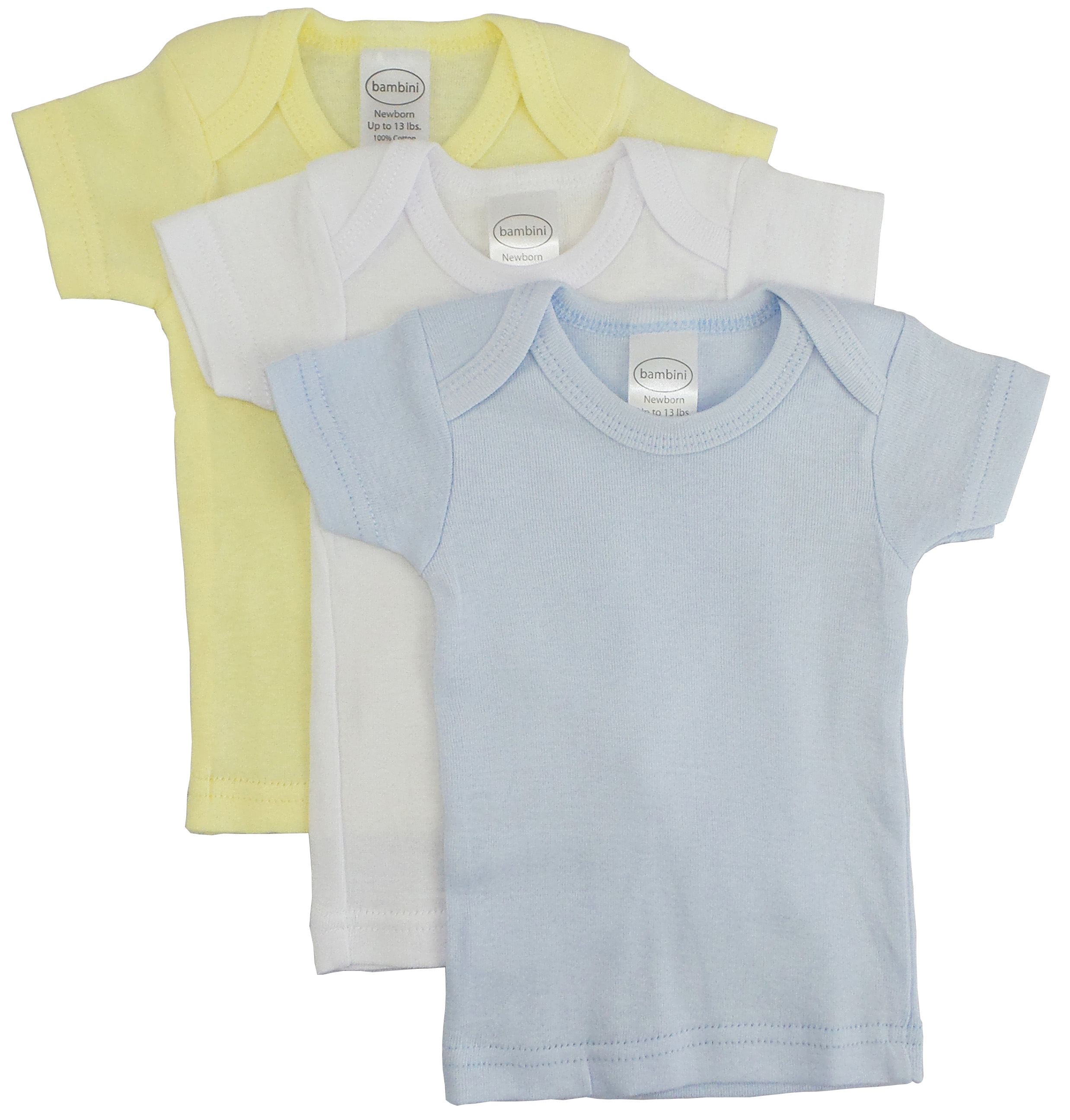 Three pastel colored short sleeve lap t-shirts for boys, made from 100% cotton, displayed together.