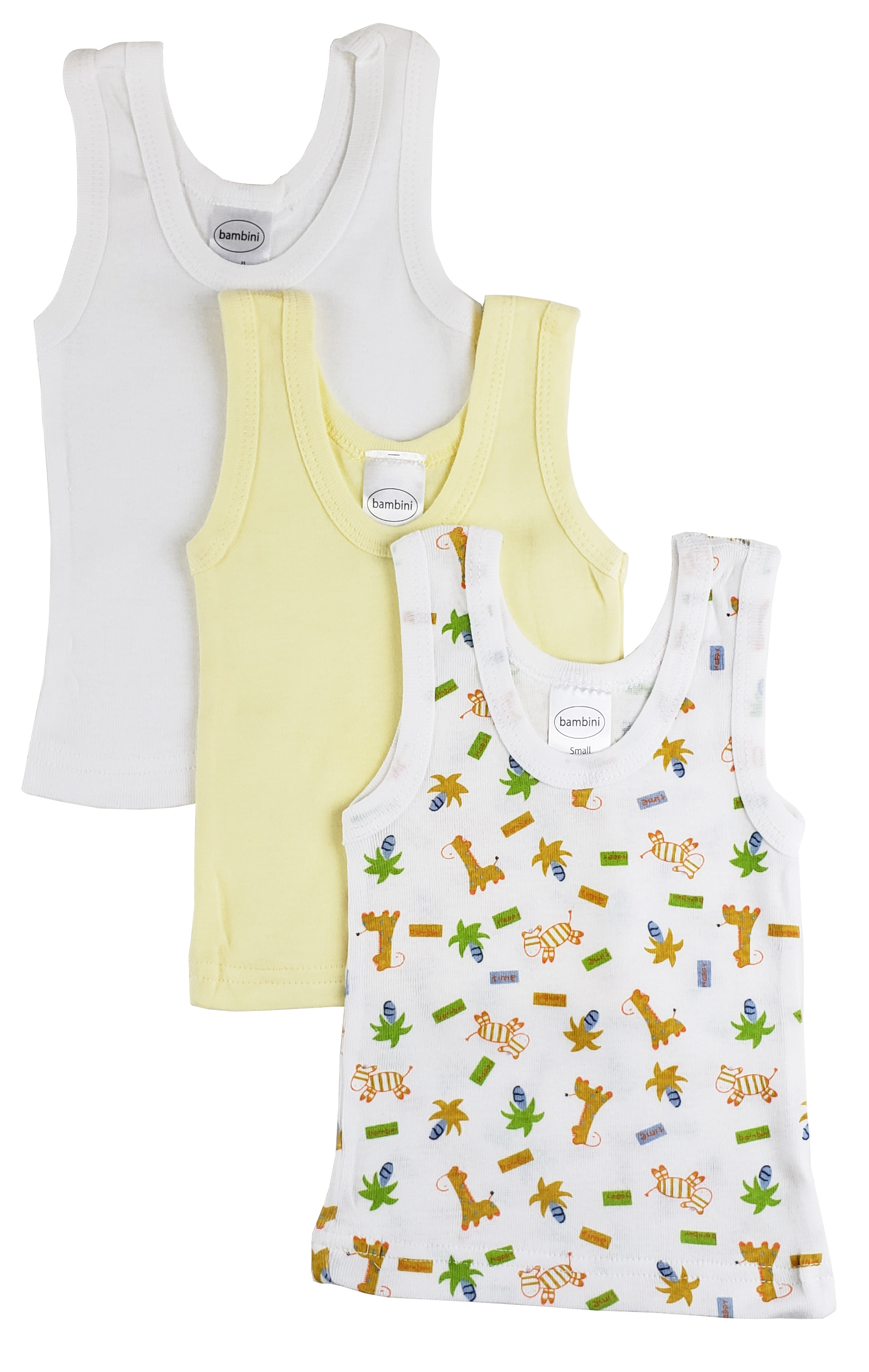 Bambini Boys Printed Tank Top Variety 3 Pack featuring colorful designs and 100% cotton fabric, perfect for summer wear.
