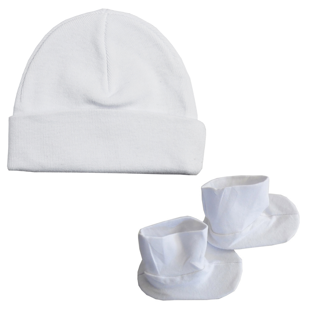 Bambini Cap and Bootie Set in white, featuring soft cotton material, perfect for infants.