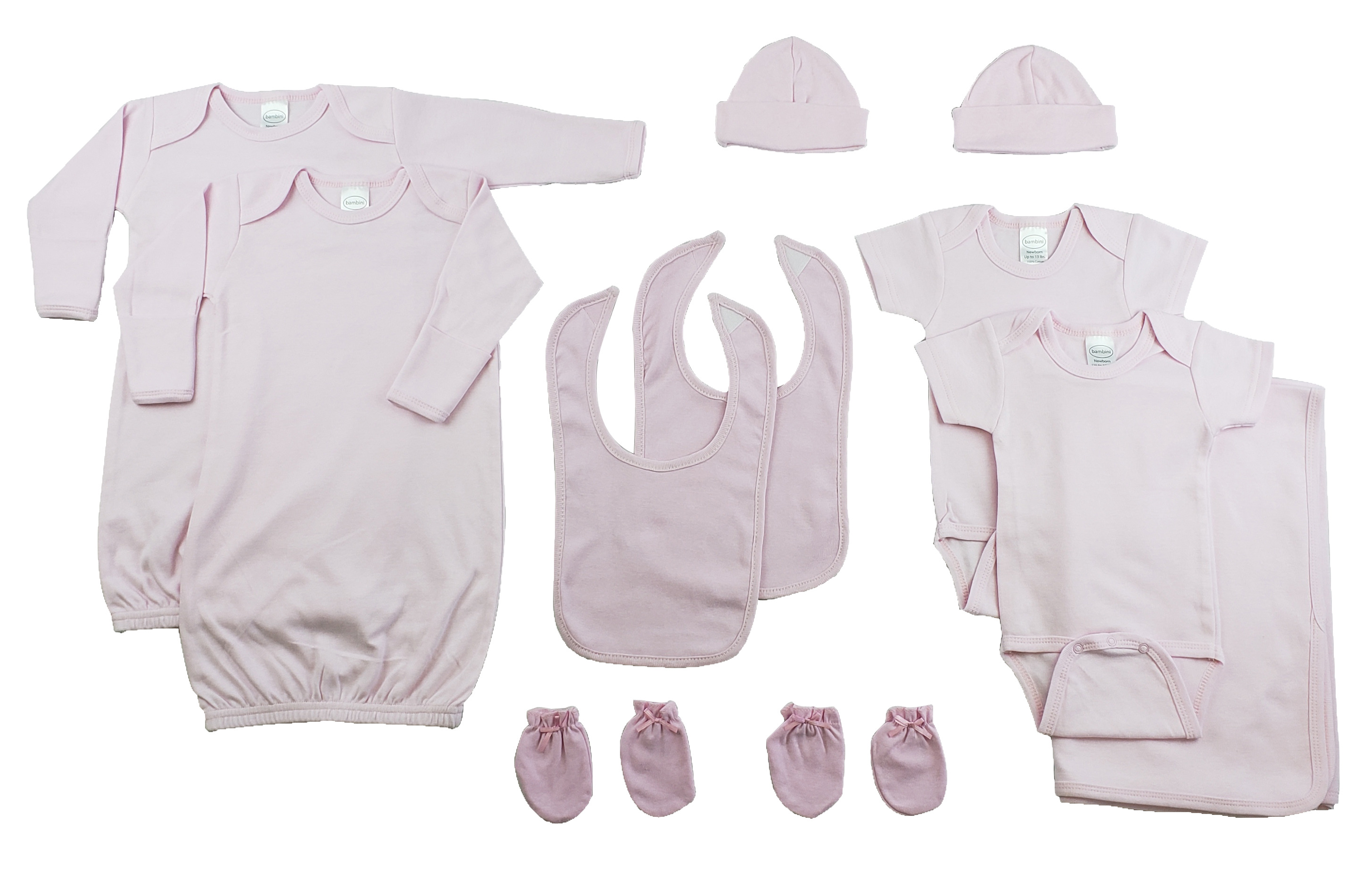 Bambini Girls 11 Piece Layette Set featuring soft cotton infant gowns, onesies, bibs, mittens, caps, and a receiving blanket in pink.