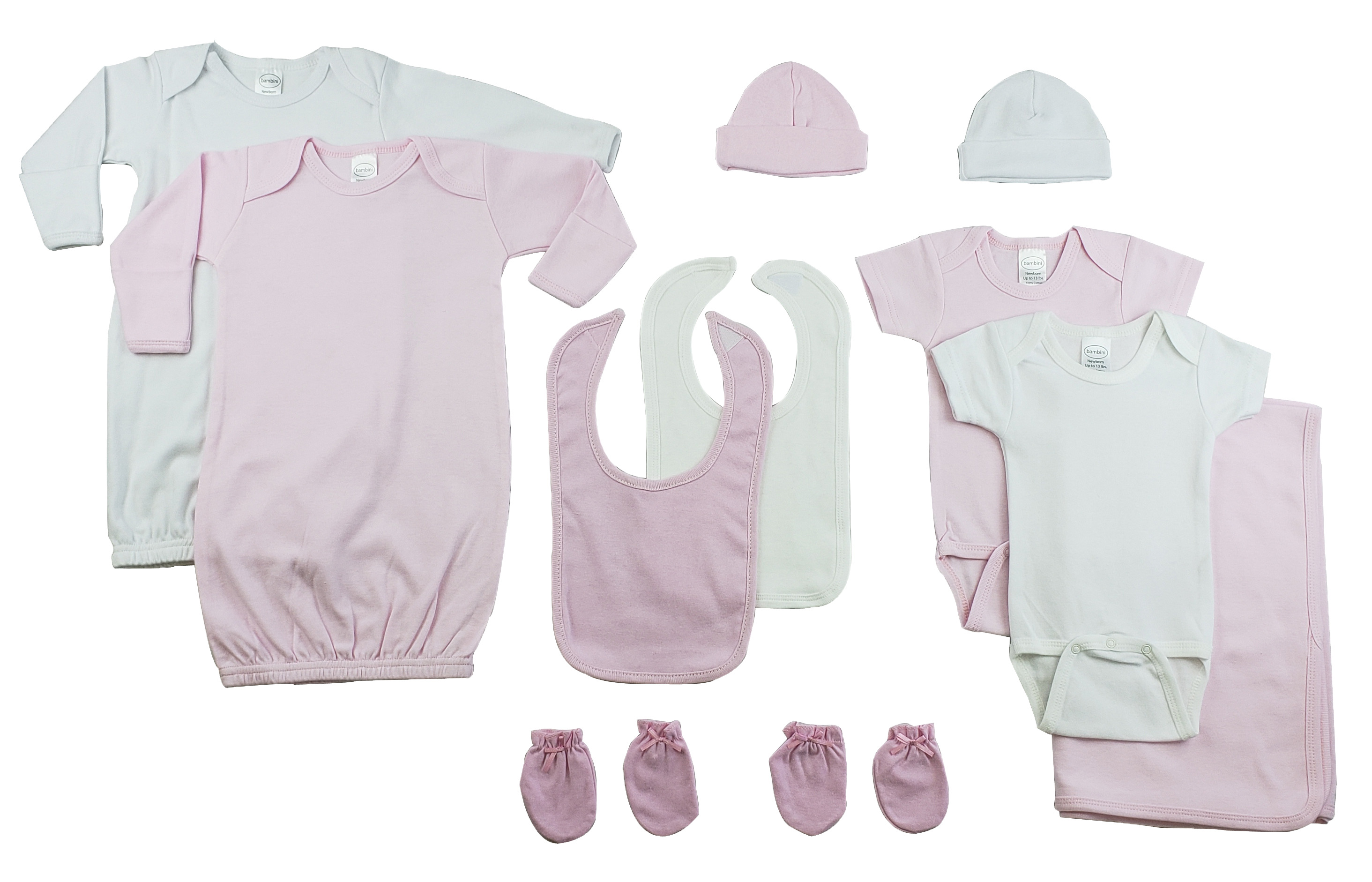 Bambini Girls 10 Piece Layette Set featuring soft cotton infant gowns, onesies, bibs, mittens, caps, and a receiving blanket in pink and white.
