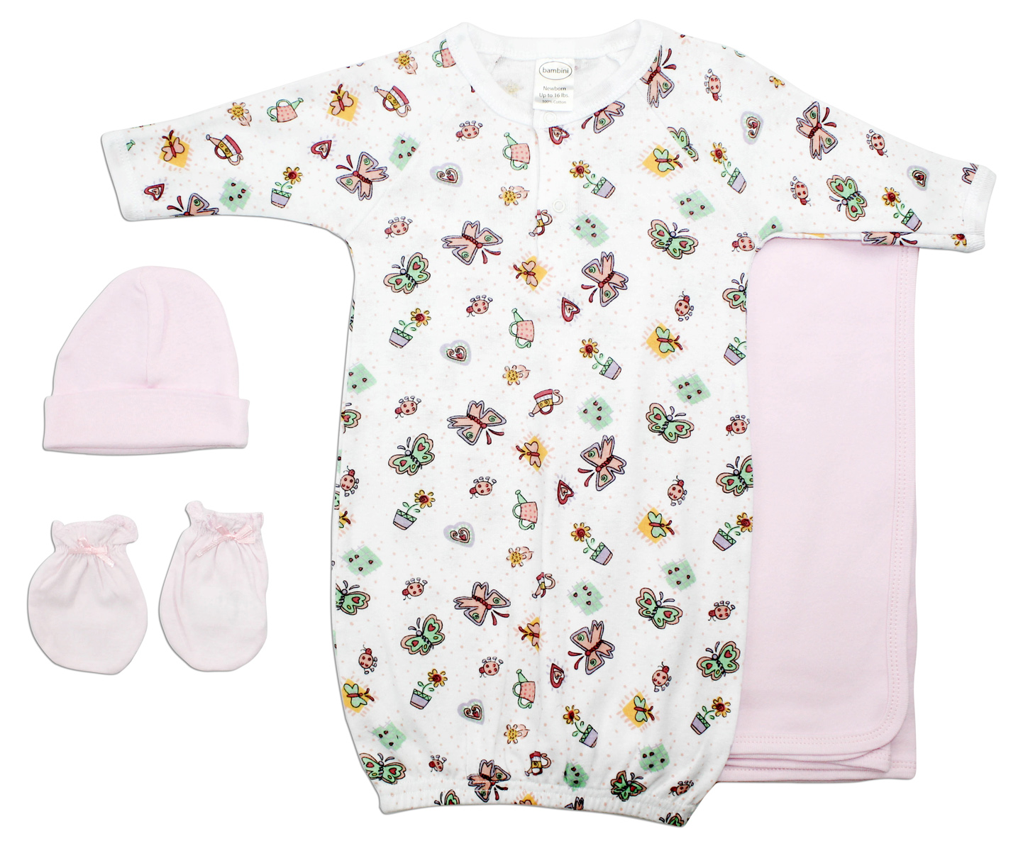 Bambini Girls' 4 Piece Layette Set featuring a printed gown, pink receiving blanket, cap, and mittens, all made from soft cotton.